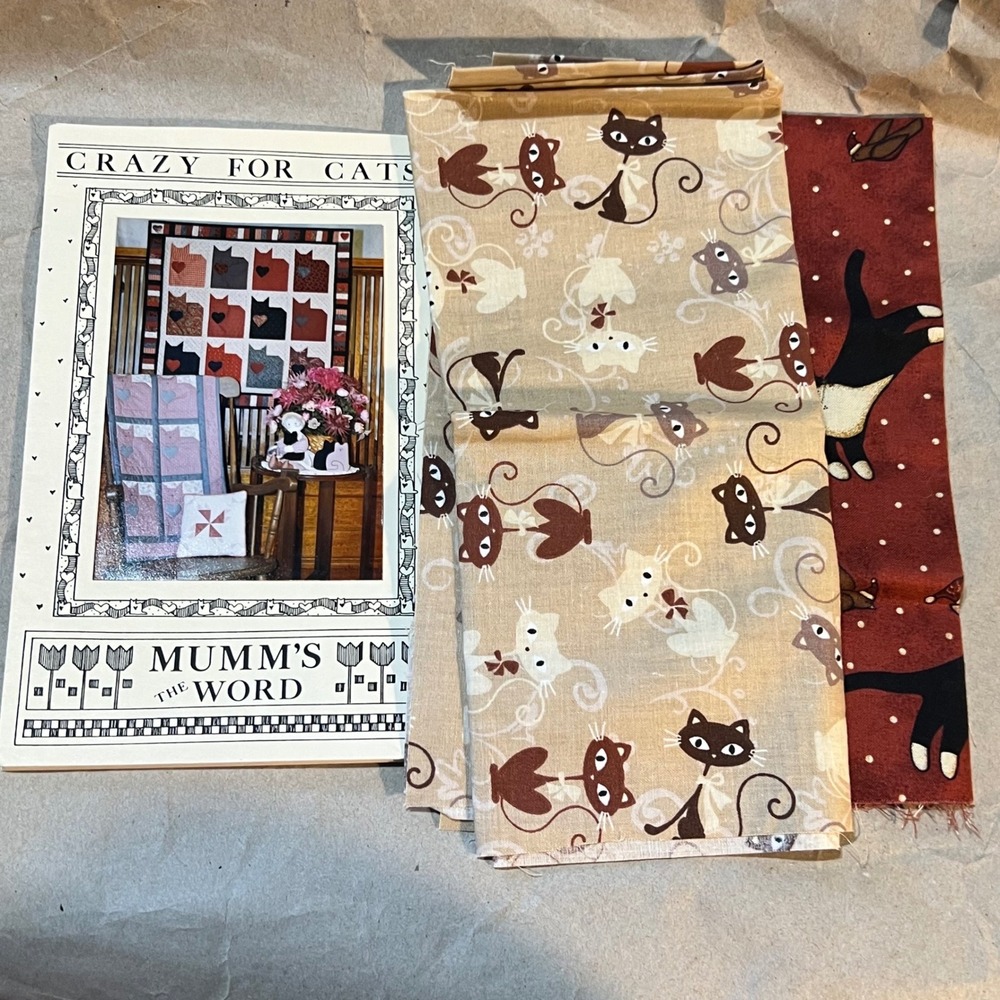 Debbie Mumm 33x44 Crazy for Cats Quilt Pattern & Fabric Lot Tan Red 1987 Vintage
